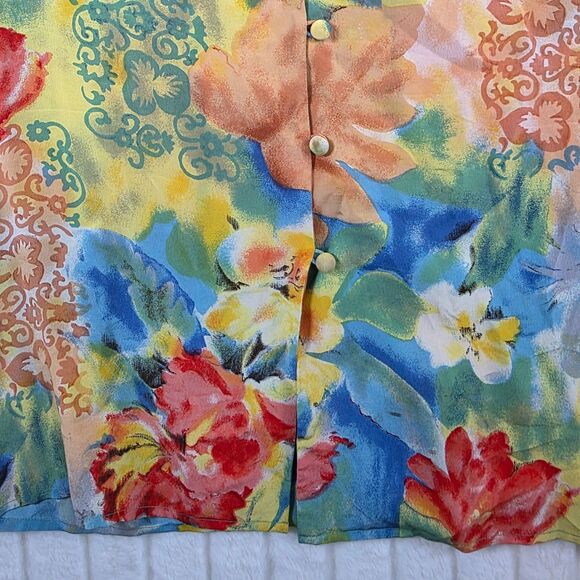 VTG Tess 100% Silk Blouse Women's  Colorful Tropical Floral Short Sleeve Size M - Picture 6 of 13